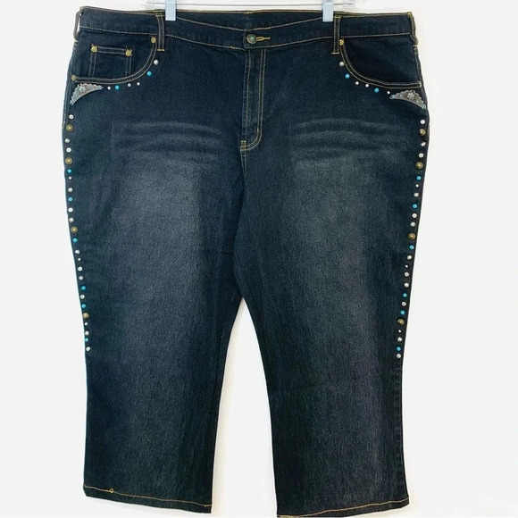 Diane Gilman Crop Studded Jeans Woman 24WP  Black Pockets Western Boho Cassual - Picture 1 of 14